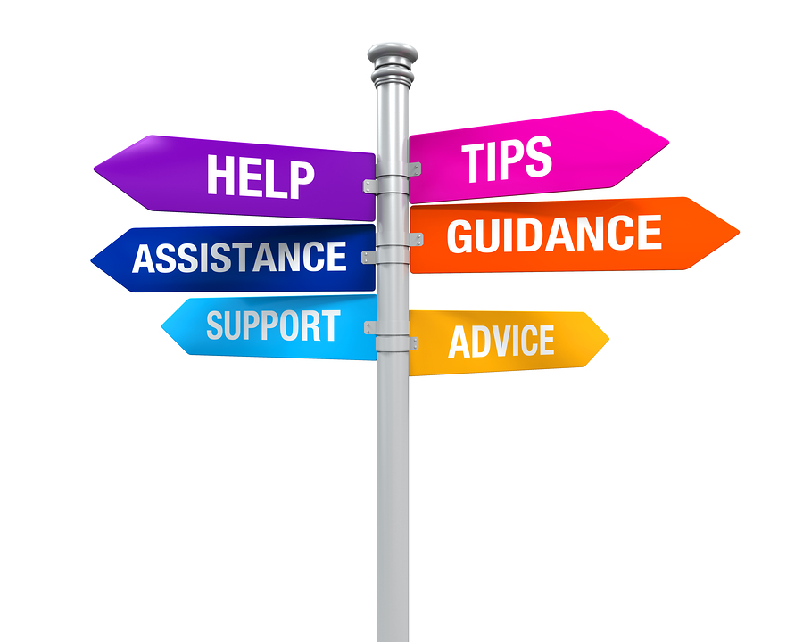 Colorful signpost with arrows labeled Help, Tips, Assistance, Guidance, Support, and Advice.