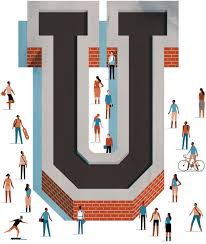 Image of a Large shaped letter U. The image has a foreground of the letter U using red bricks, on top of the letter U is and other U that is Black. There are various people walking, biking, and running around the letter U.